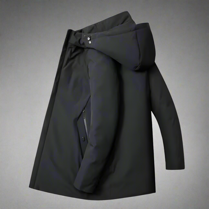 Warm men's hooded winter jacket, ideal for cold weather outerwear & stylish men's fashion.