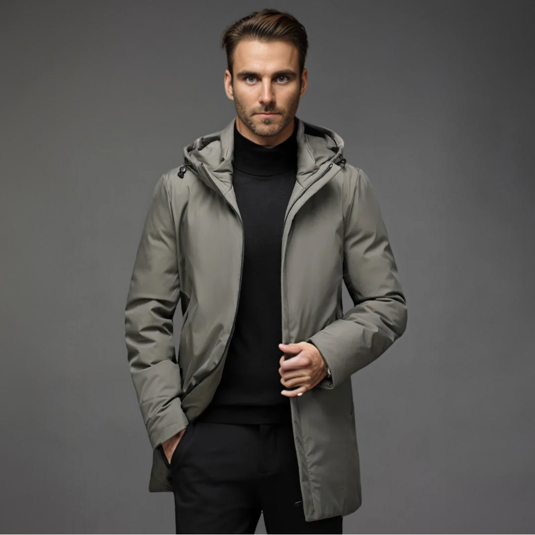 Side view: Tailored men's hooded winter jacket, showcasing modern style & warmth for cold weather.