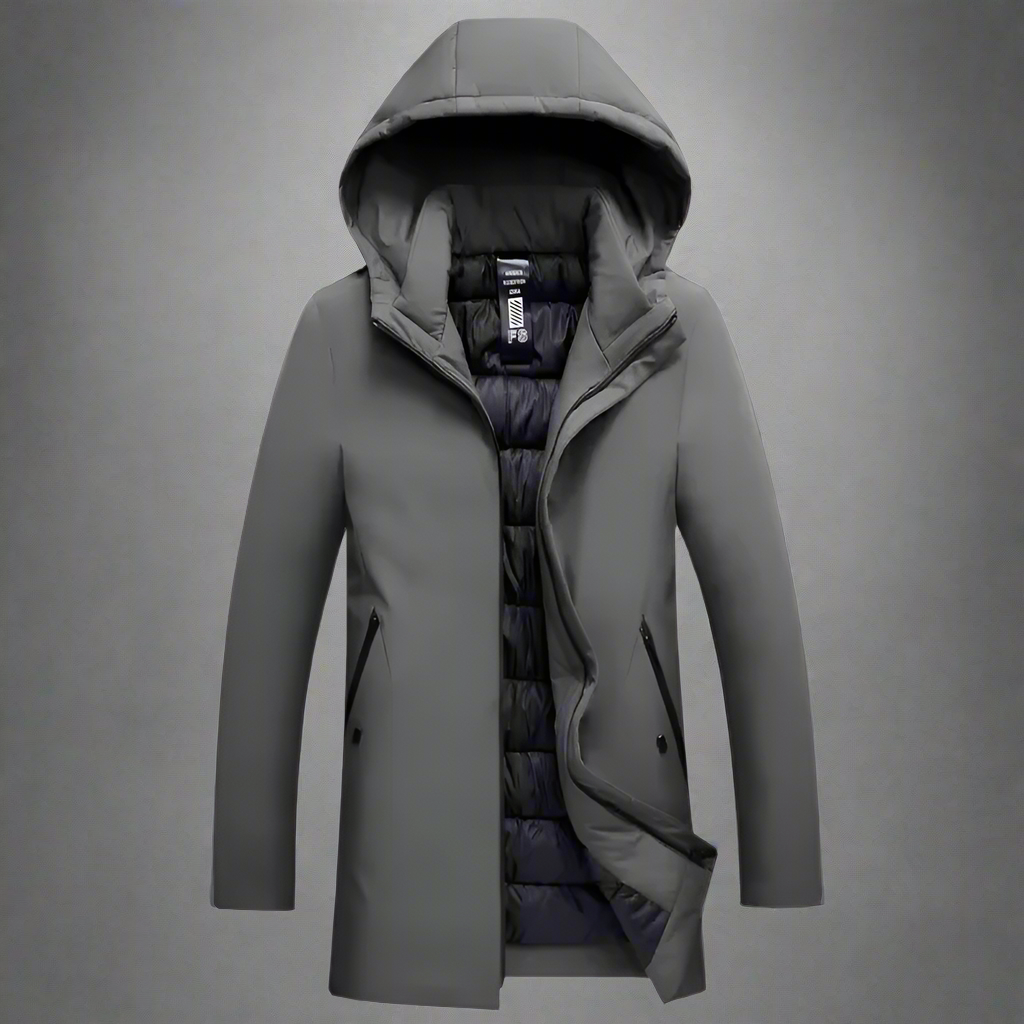 Durable & warm men's hooded winter jacket, tailored for modern outdoor style in cold weather.