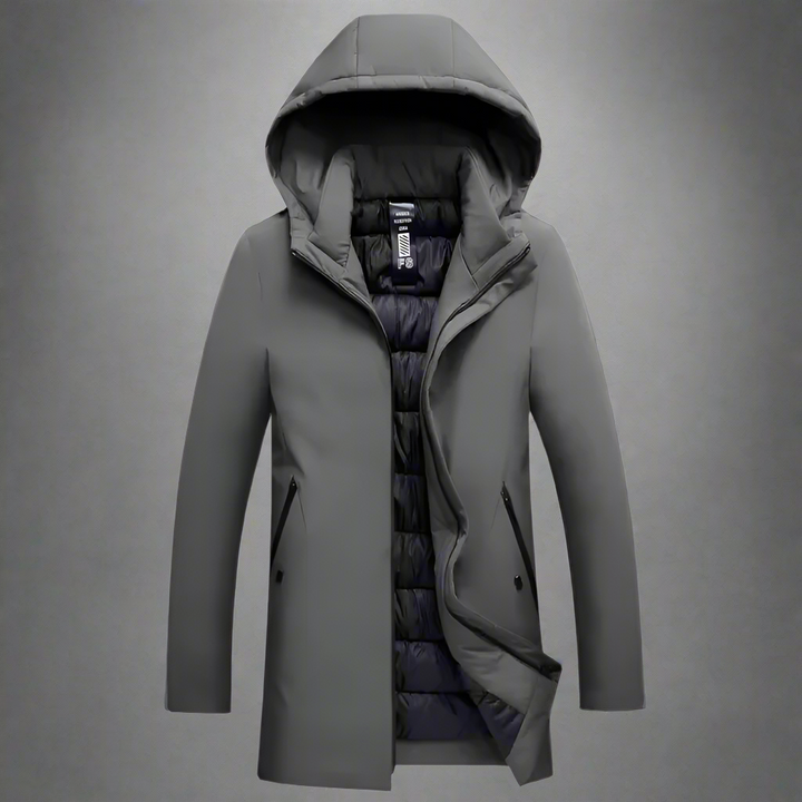 Durable & warm men's hooded winter jacket, tailored for modern outdoor style in cold weather.