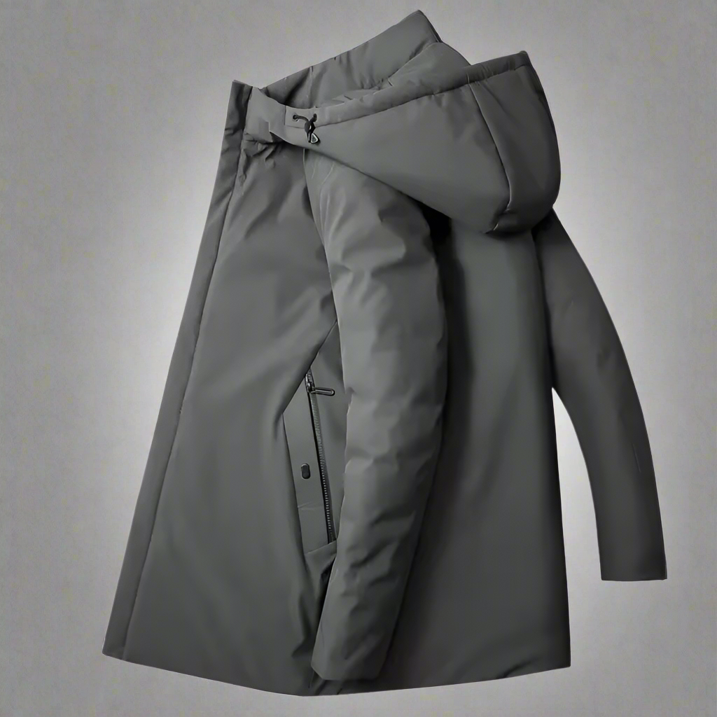 Front view: Men's modern hooded winter jacket, tailored for warmth & stylish cold weather fashion.