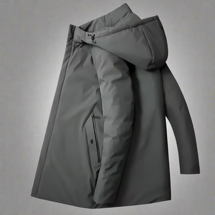 Front view: Men's modern hooded winter jacket, tailored for warmth & stylish cold weather fashion.