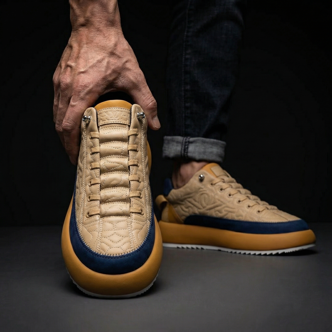 Front view of men's fashionable everyday sneakers, sleek modern design & comfortable fit.