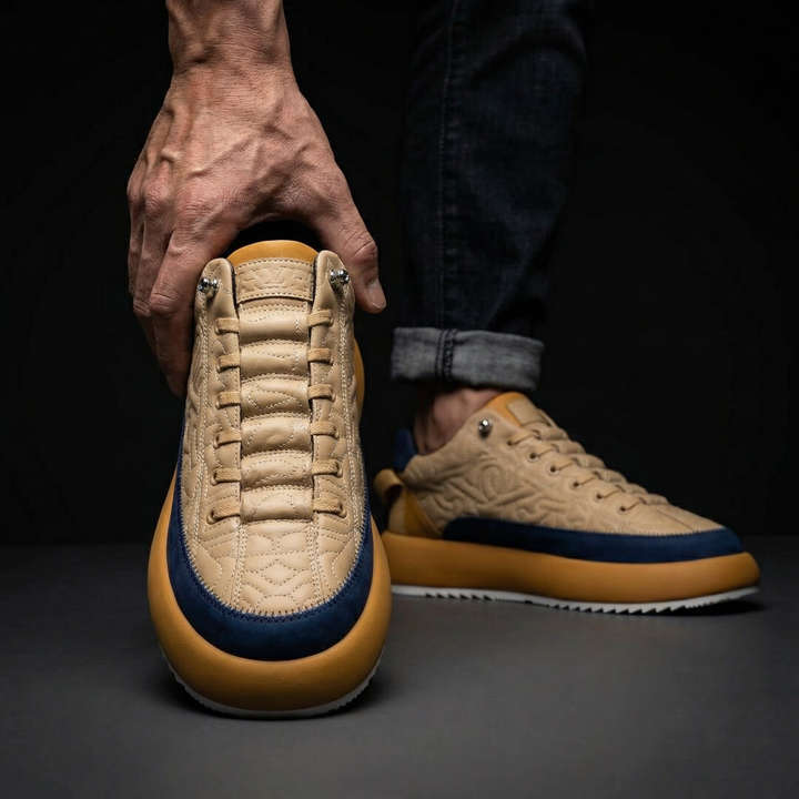 Front view of men's fashionable everyday sneakers, sleek modern design & comfortable fit.
