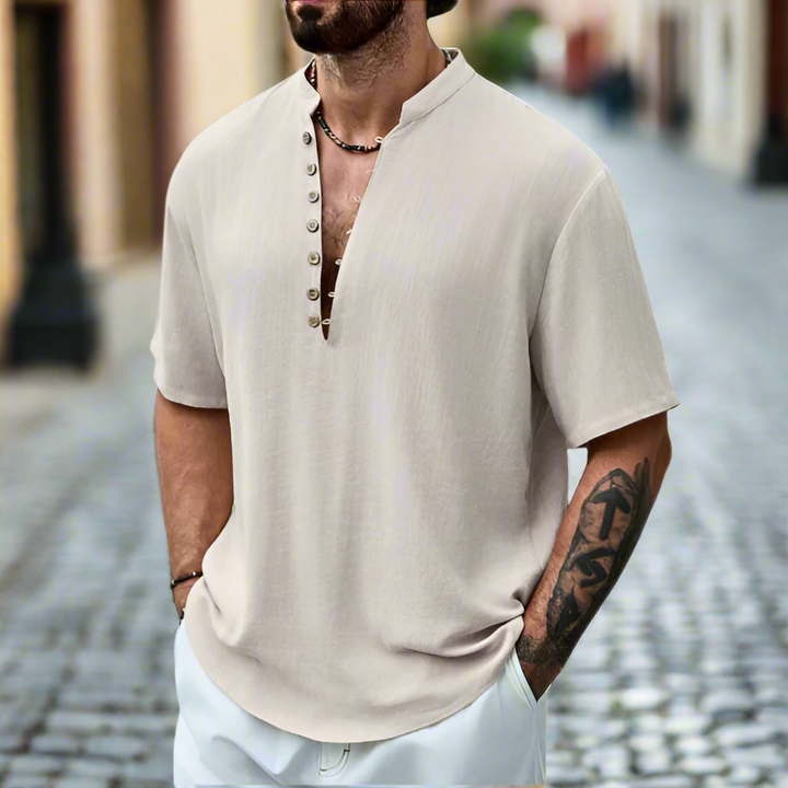 Men's Modern Linen Button-Down Shirt in light blue, perfect for summer casual wear and breathable comfort.