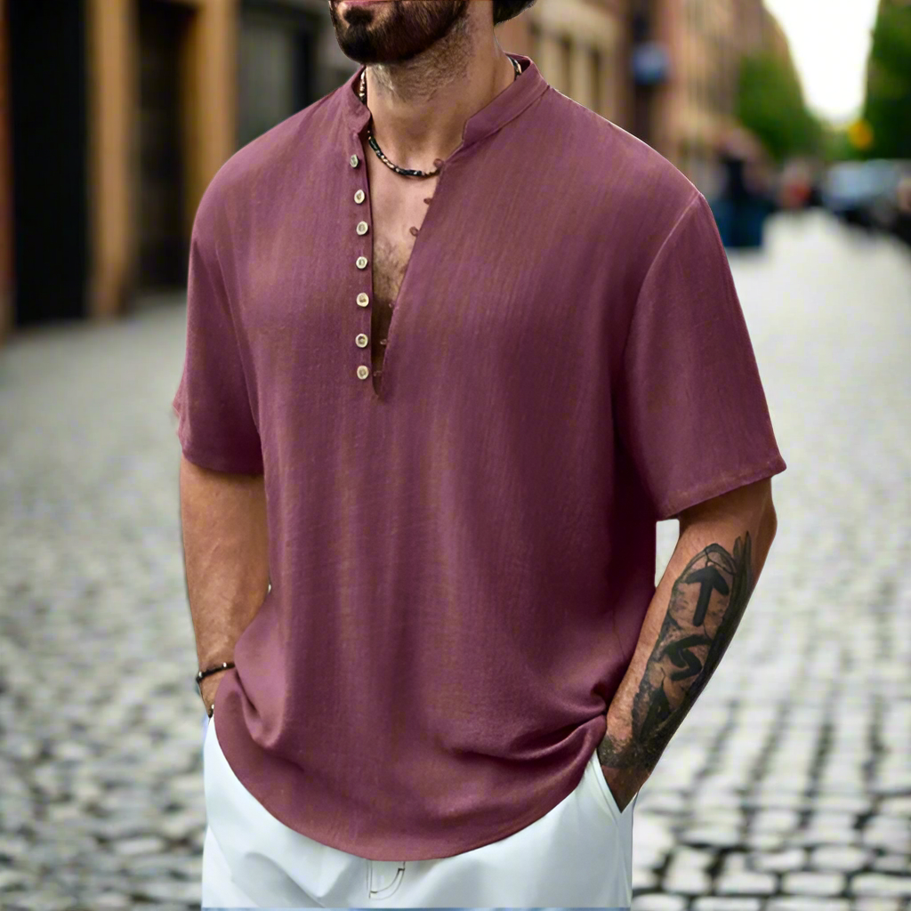 Stylish Men's Renzo linen button-down shirt, ideal for holiday attire or office casual, showcasing breathable fabric.