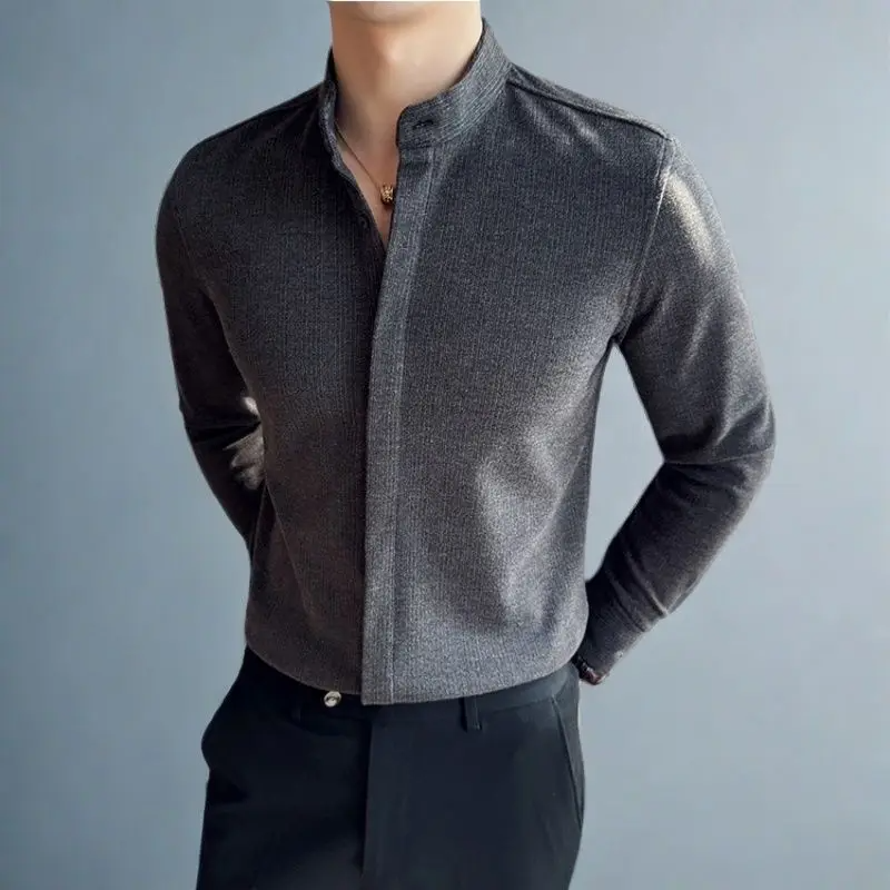 Men's modern mandarin collar button-up shirt, long sleeve, tailored fit for smart casual and everyday wear.