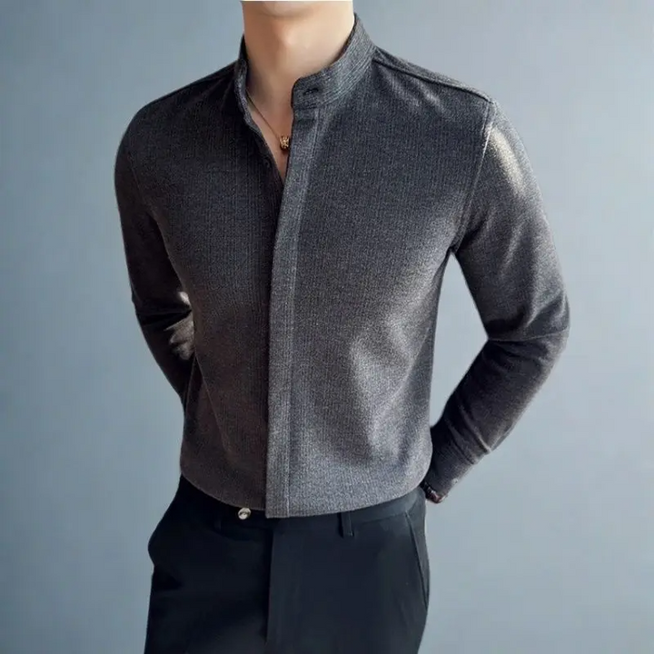 Men's modern mandarin collar button-up shirt, long sleeve, tailored fit for smart casual and everyday wear.