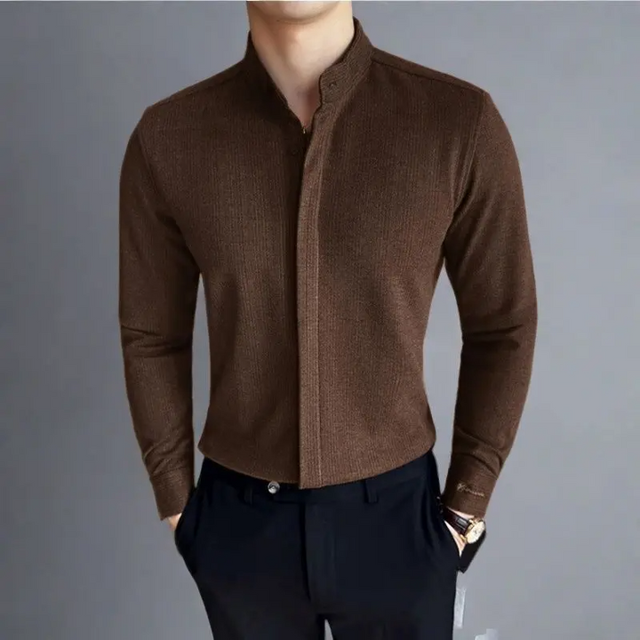 Men's versatile mandarin collar button-up, long sleeve, tailored fit, ideal for modern business & smart casual outfits.