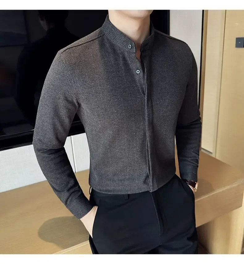 Stretch fabric men's mandarin collar button-up shirt, tailored fit, comfortable for business casual style.