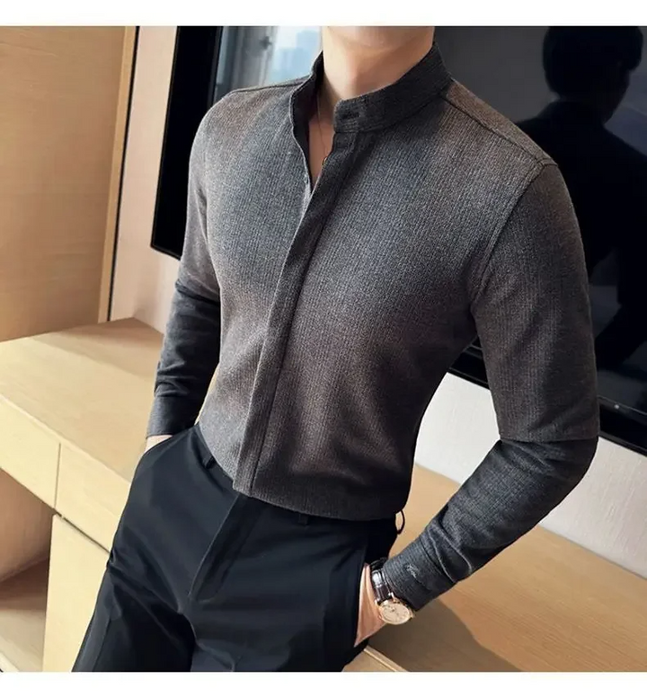 Versatile men's long sleeve mandarin button-up shirt, modern style, perfect for smart casual & everyday wear.
