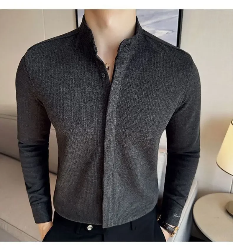 Stylish men's long sleeve shirt with a sleek mandarin collar, tailored fit, ideal for a modern business casual look.