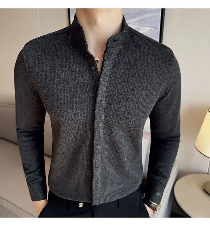 Stylish men's long sleeve shirt with a sleek mandarin collar, tailored fit, ideal for a modern business casual look.
