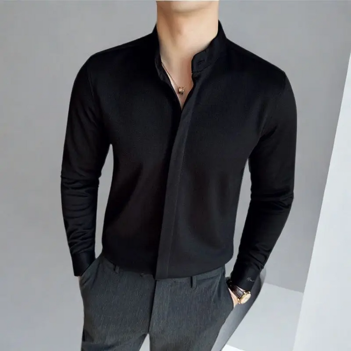 Modern men's mandarin collar stretch shirt, long sleeve, tailored fit, perfect for versatile business casual wear.