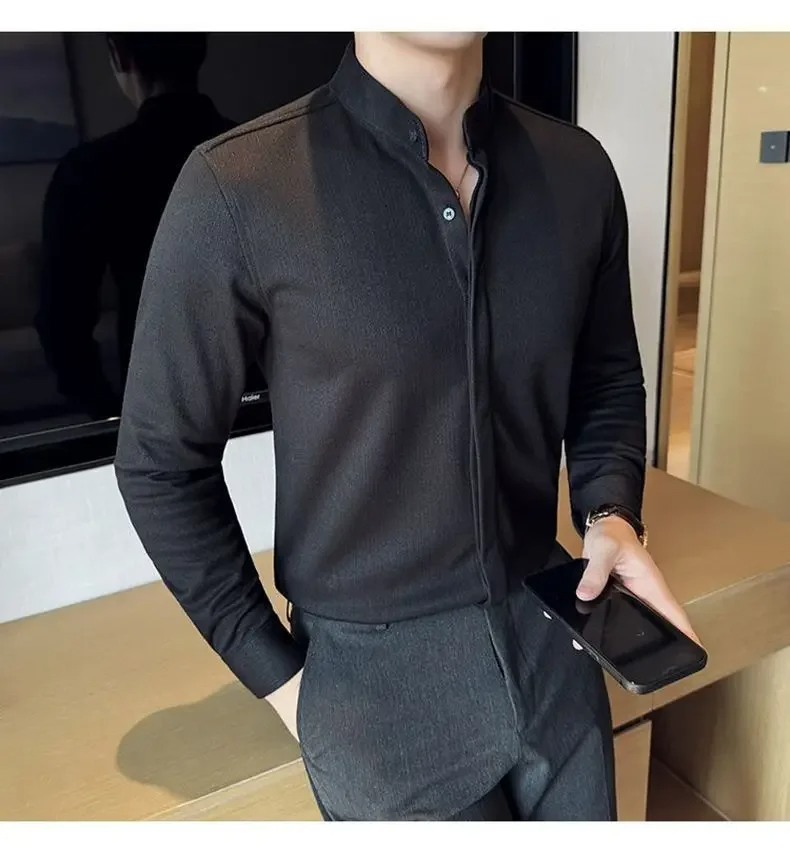 Men's modern long sleeve mandarin collar button-up, stretch & tailored fit for smart casual and everyday comfort.