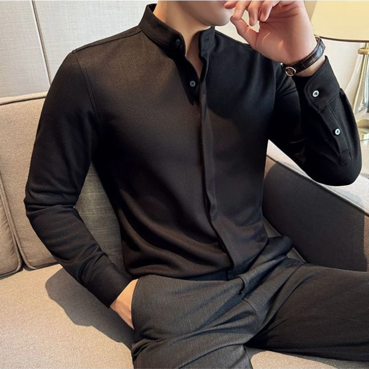 Sleek men's tailored fit mandarin collar button-up shirt, long sleeve, ideal for modern smart casual apparel.