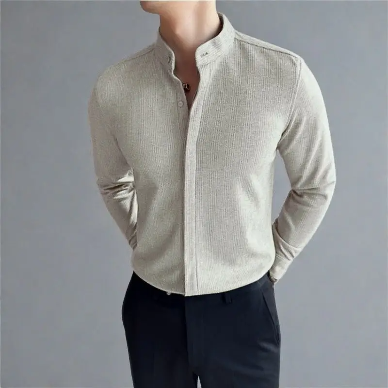 Contemporary men's mandarin collar long sleeve shirt, stretch fabric, tailored fit for versatile smart casual style.