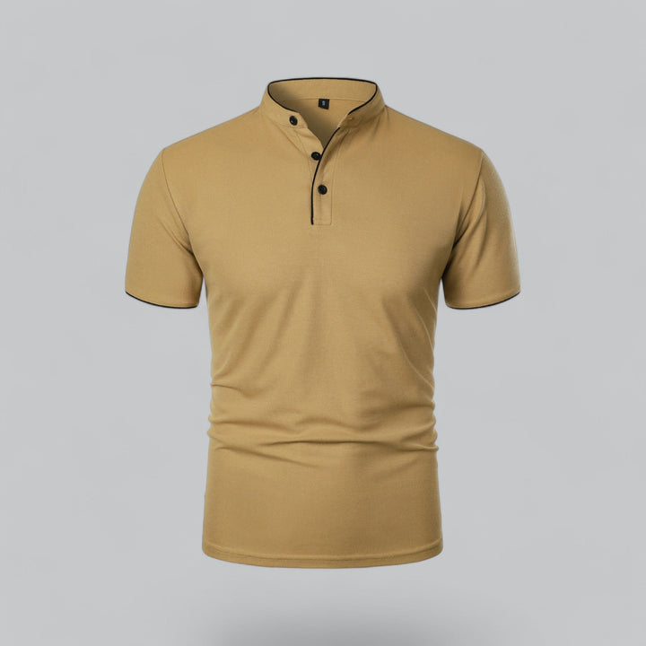 Men's modern Mandarin collarless polo shirt, short sleeve for casual summer wear.