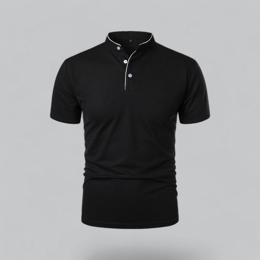 Men's casual short sleeve polo, no collar, contemporary Mandarin style for comfort.