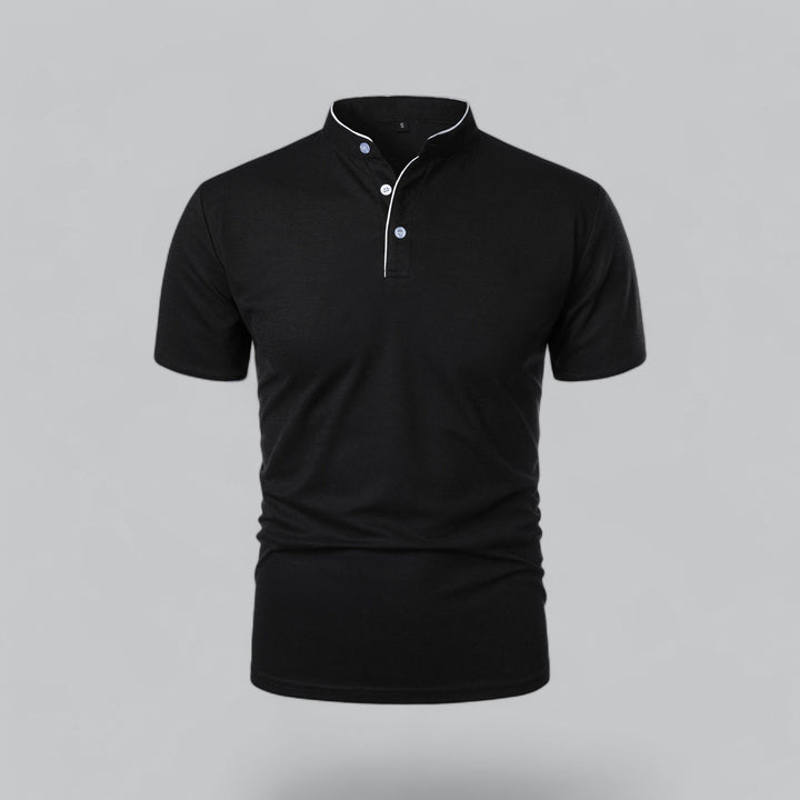 Men's casual short sleeve polo, no collar, contemporary Mandarin style for comfort.
