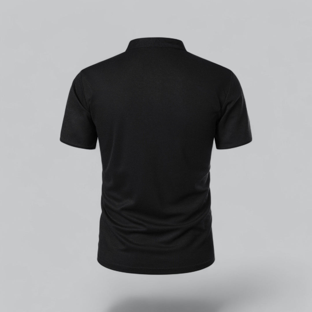 Everyday men's collarless polo top, relaxed fit, modern fashion, summer essential.