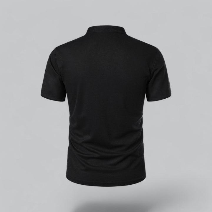 Everyday men's collarless polo top, relaxed fit, modern fashion, summer essential.
