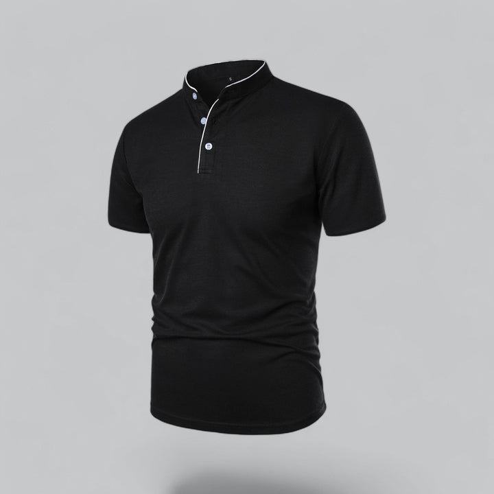 Men's short sleeve Mandarin style polo, collarless comfort, ideal for casual fashion.