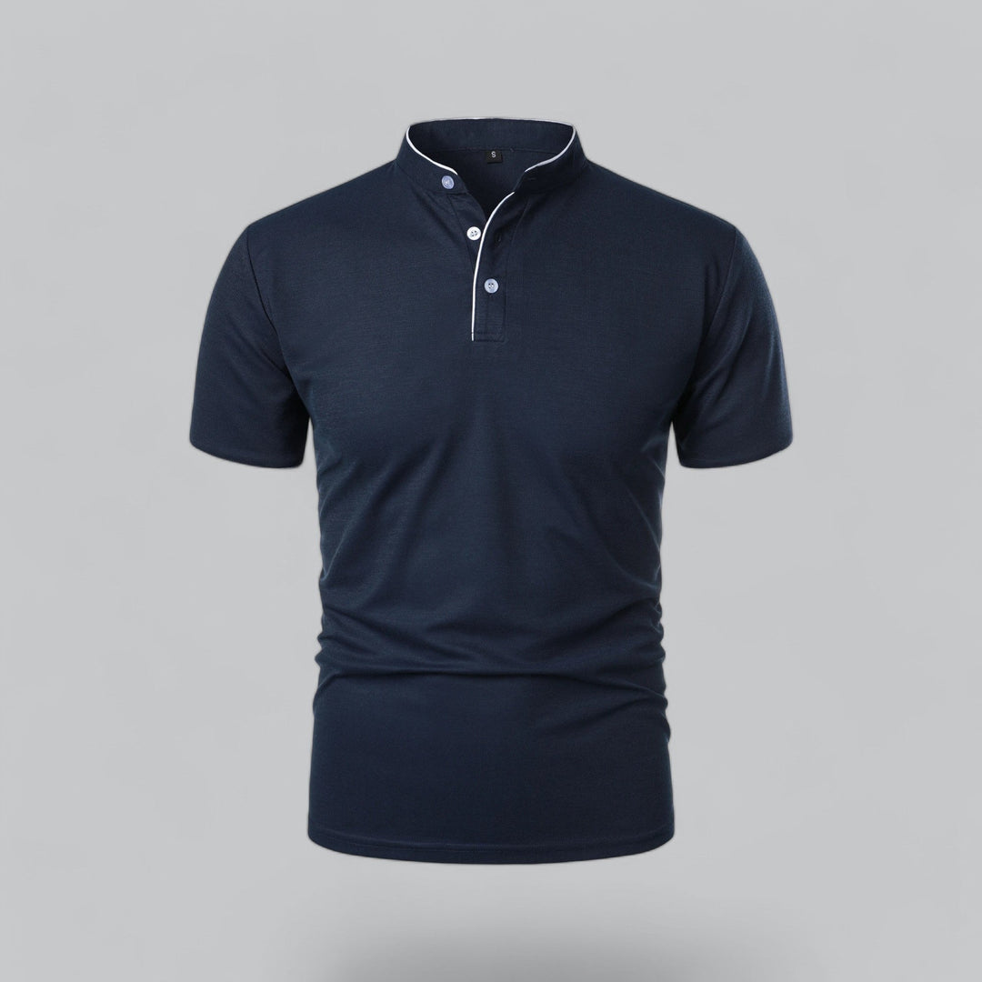 Stylish men's regular fit collarless polo shirt, modern casual top for any day.