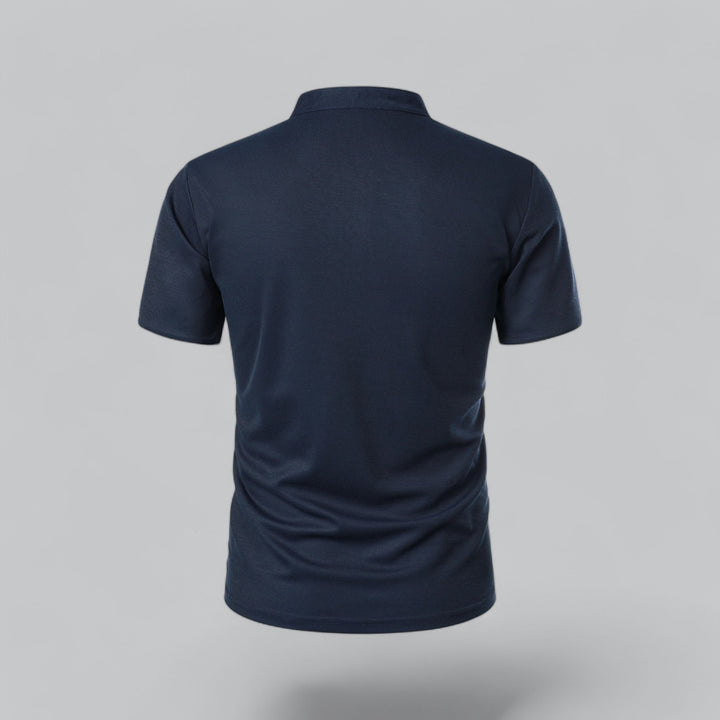 Comfort-focused men's collarless polo, short sleeve, contemporary Mandarin design.