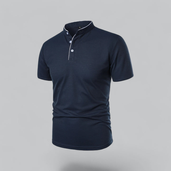 Men's summer fashion polo, no collar, Mandarin style, perfect for casual events.
