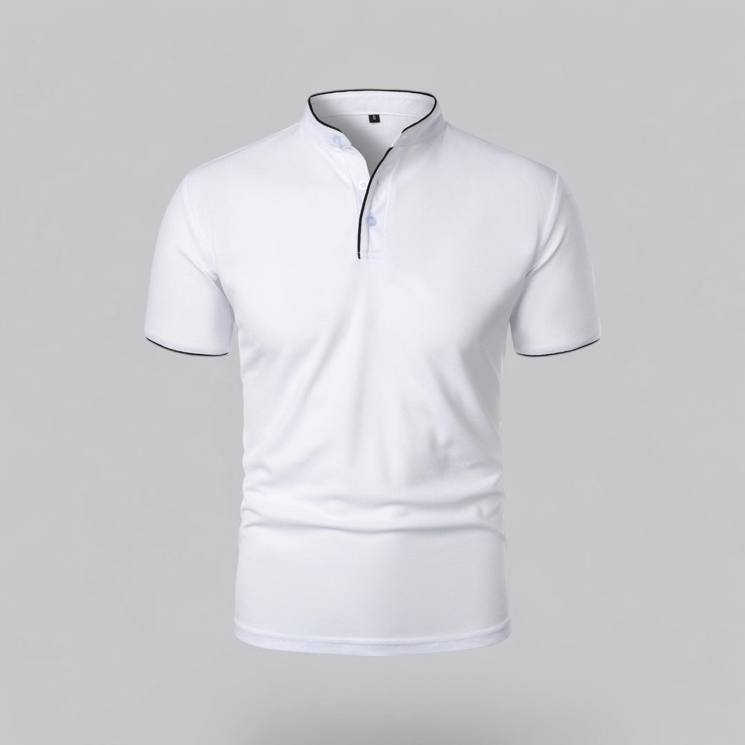 Modern men's short sleeve polo, collarless, regular fit, versatile casual apparel.