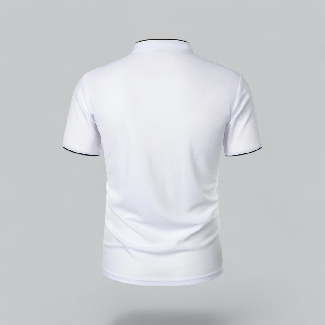 Men's everyday casual polo top, Mandarin collarless, short sleeve comfort.