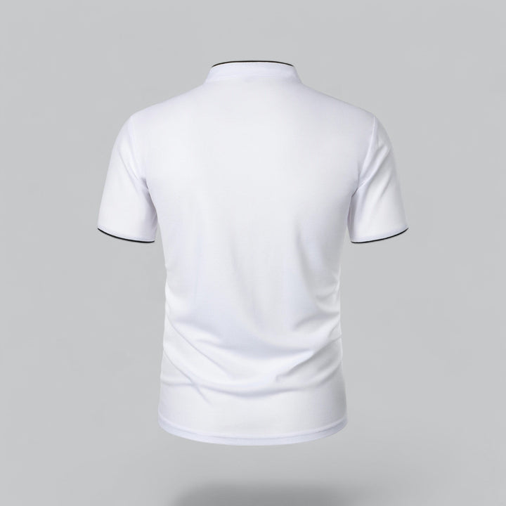 Men's everyday casual polo top, Mandarin collarless, short sleeve comfort.