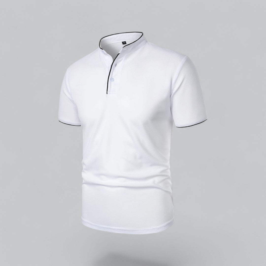 Stylish men's collarless polo shirt, modern design, perfect for summer fashion.