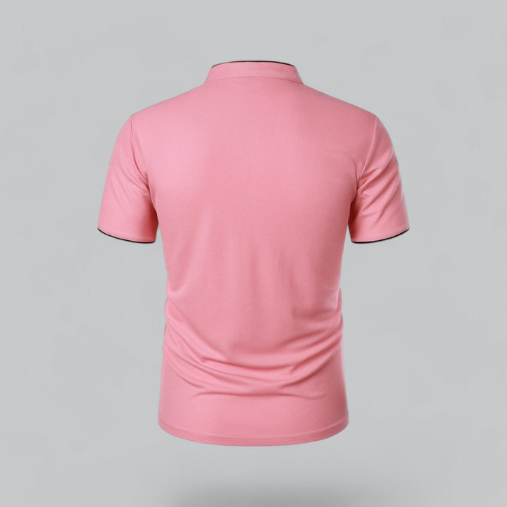 Modern men's collarless polo, everyday style, short sleeve, great for casual comfort.