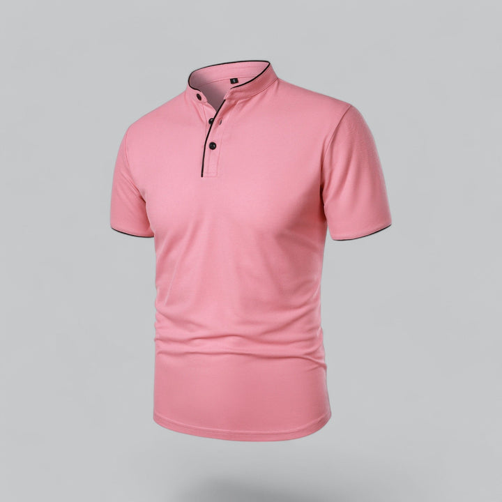 Men's casual wear polo, no collar, Mandarin style, summer essential.