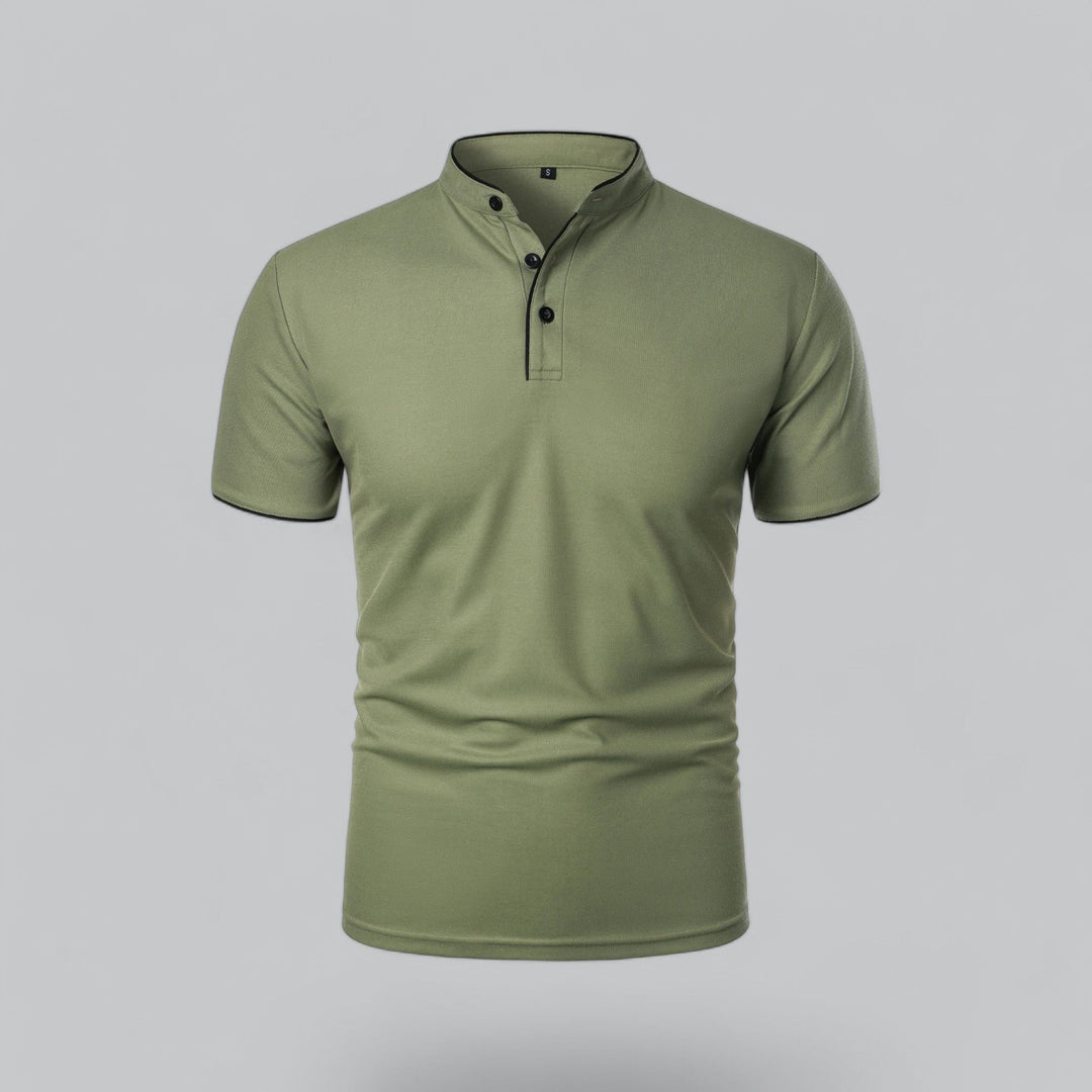 Contemporary men's collarless polo shirt, short sleeve, regular fit, modern fashion.