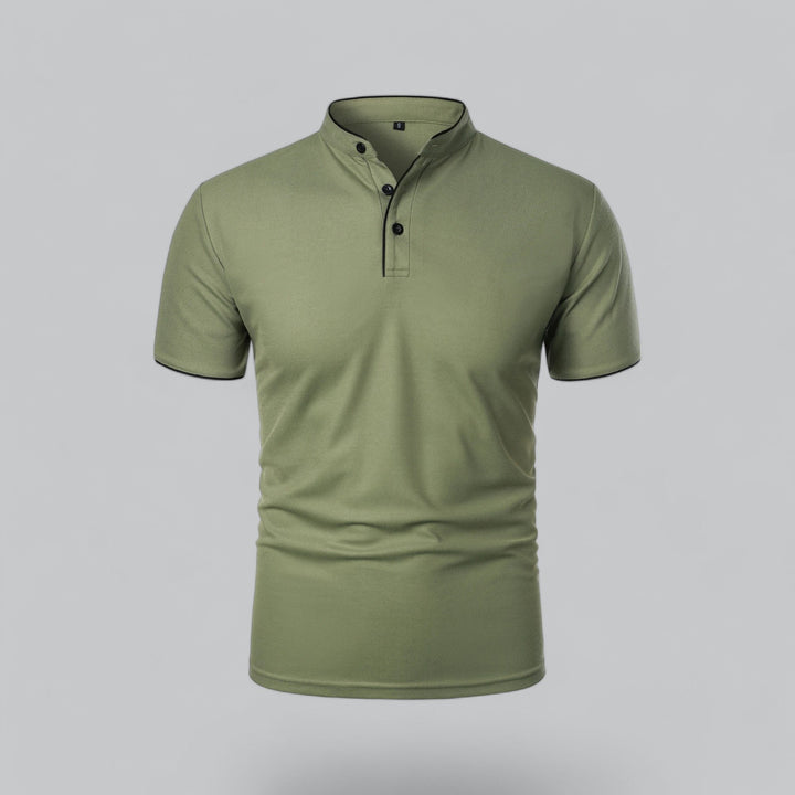 Contemporary men's collarless polo shirt, short sleeve, regular fit, modern fashion.