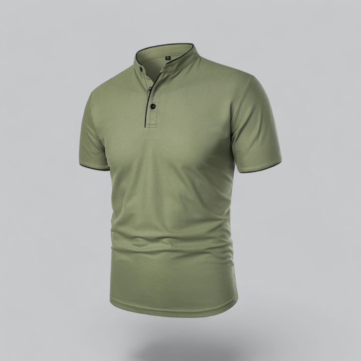 Everyday men's short sleeve polo, collarless, regular fit, modern casual apparel.