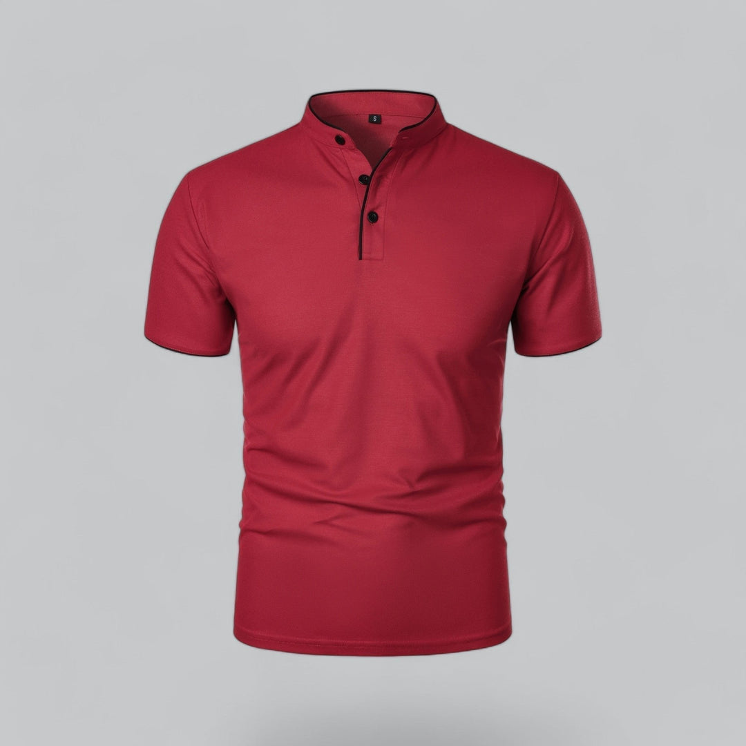 Stylish men's Mandarin collarless polo, short sleeve, comfort for casual wear.