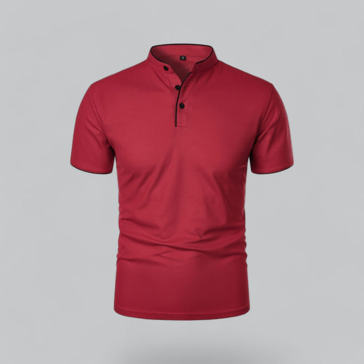 Stylish men's Mandarin collarless polo, short sleeve, comfort for casual wear.