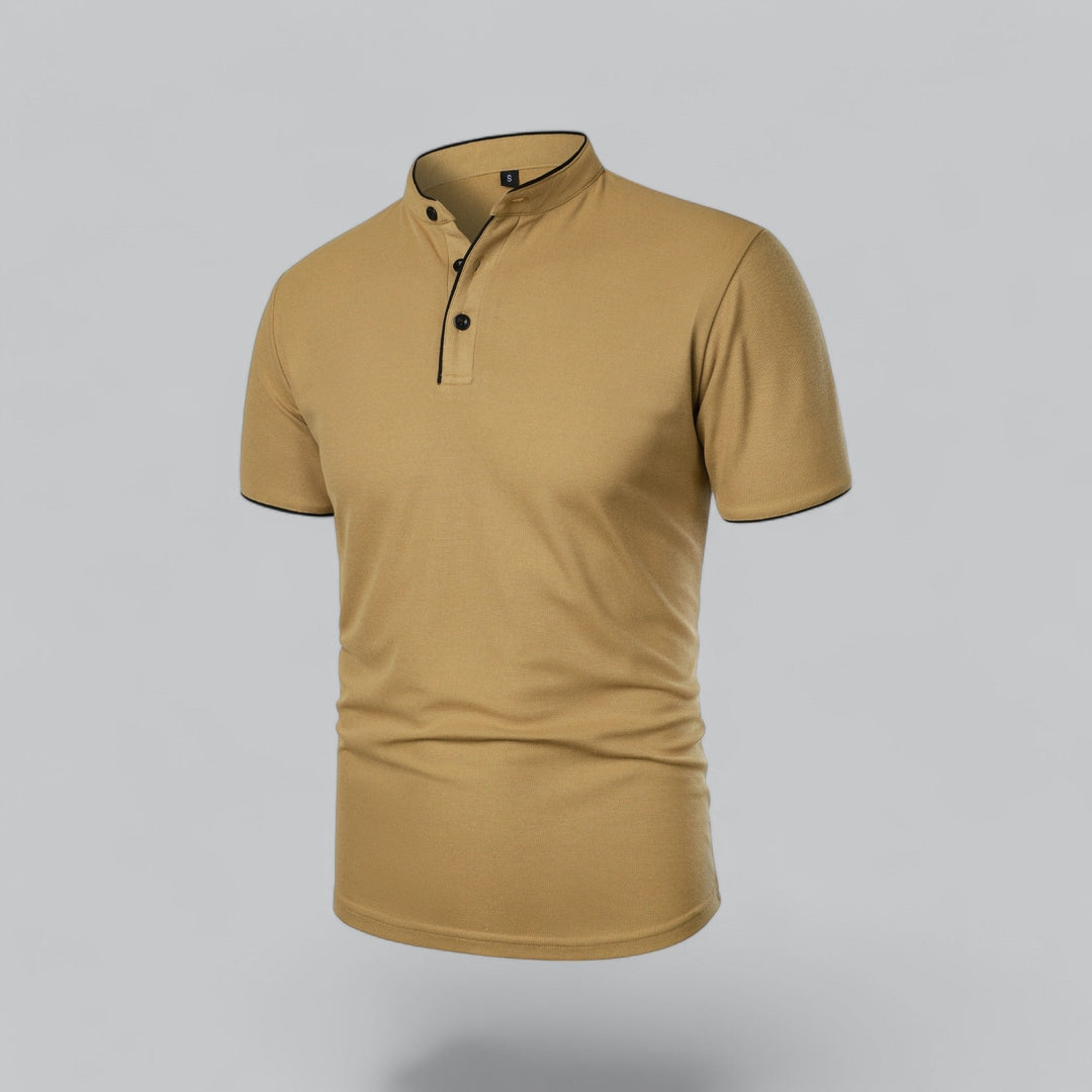 Comfortable men's short sleeve polo with modern Mandarin style, great for summer.