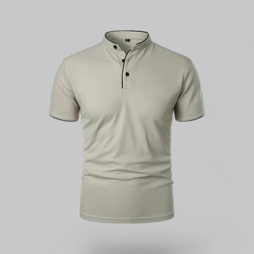 Casual men's collarless polo shirt, modern design, ideal for everyday comfort.