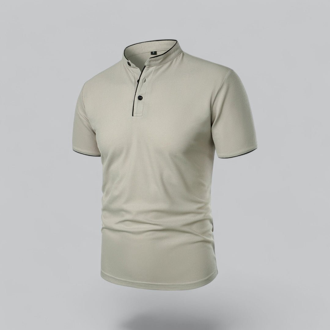 Regular fit men's polo top, no collar, contemporary Mandarin design, casual wear.