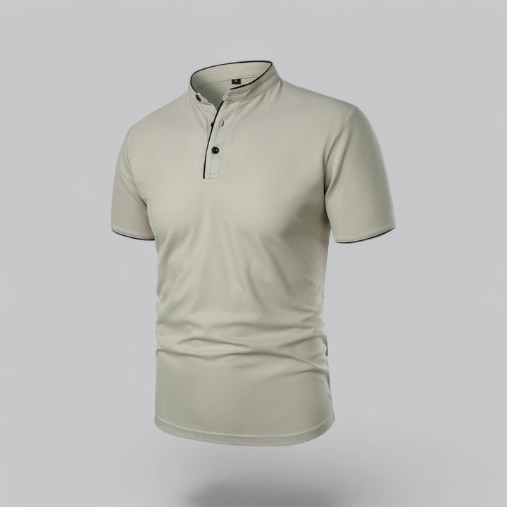 Regular fit men's polo top, no collar, contemporary Mandarin design, casual wear.