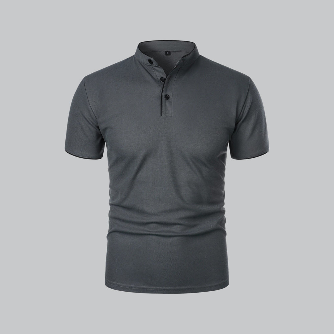 Everyday style men's collarless polo, short sleeve comfort, modern fashion top.