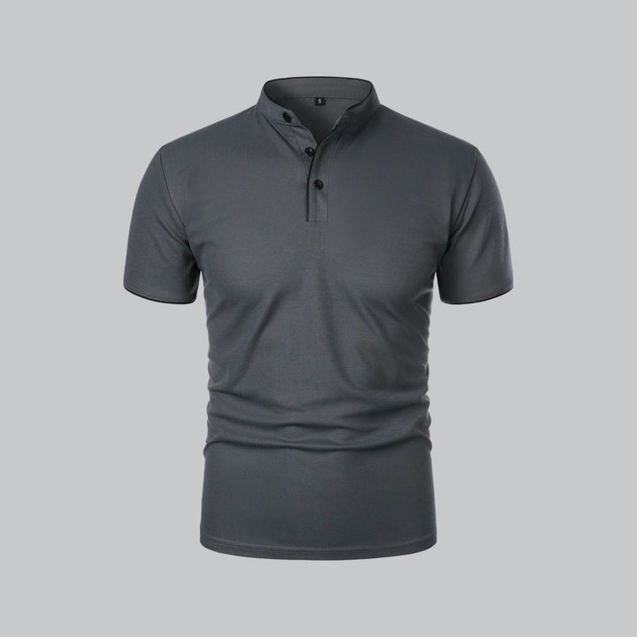 Everyday style men's collarless polo, short sleeve comfort, modern fashion top.