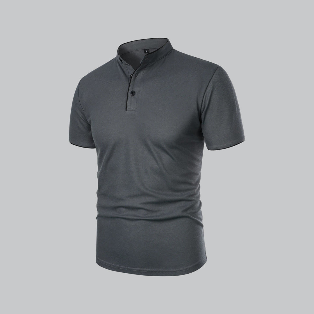 Modern men's collarless polo, short sleeve, regular fit, for stylish casual outfits.