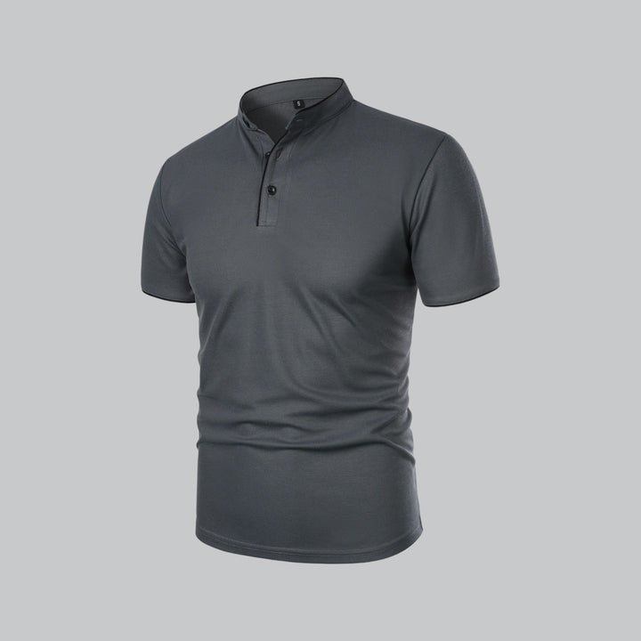 Modern men's collarless polo, short sleeve, regular fit, for stylish casual outfits.