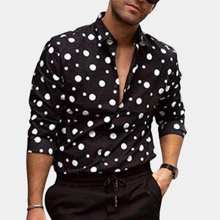Men's modern polka dot long sleeve casual shirt, perfect for smart-casual wear and contemporary fashion.